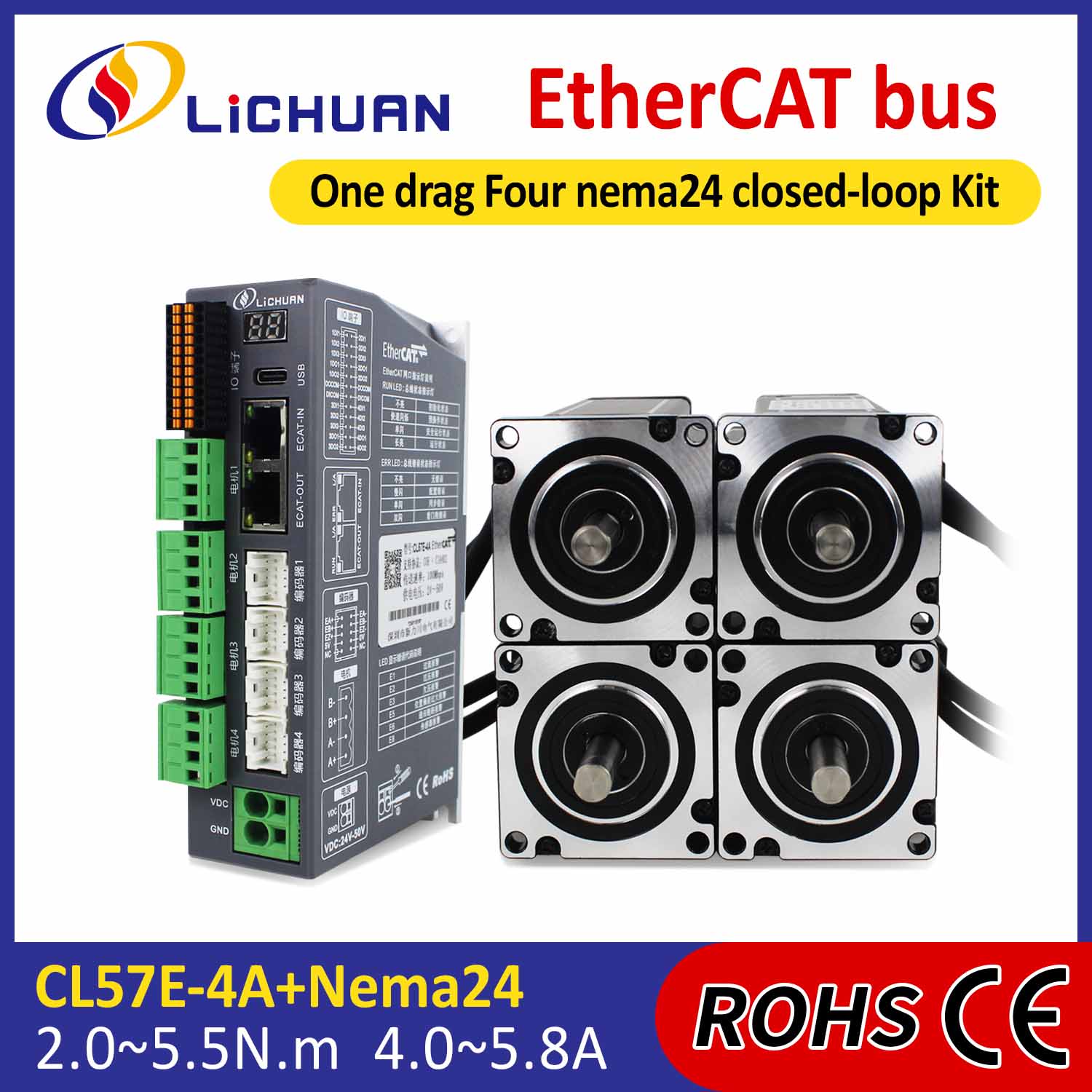 Ethercat 2Phase NEMA24 4-Axis DC Ditutup Loop Stepper Motor Kit