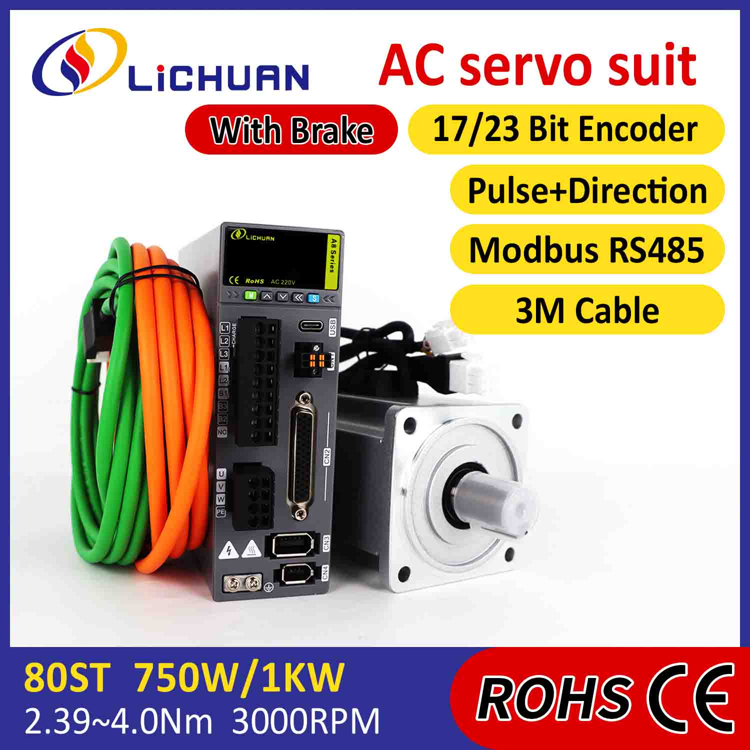 Kit Pemacu Motor Servo AC Lichuan A8 Ketepatan Tinggi STO ABZ 1000W 1KW 3.2N.m 220V 5.8A 2500/3000RPM IP65