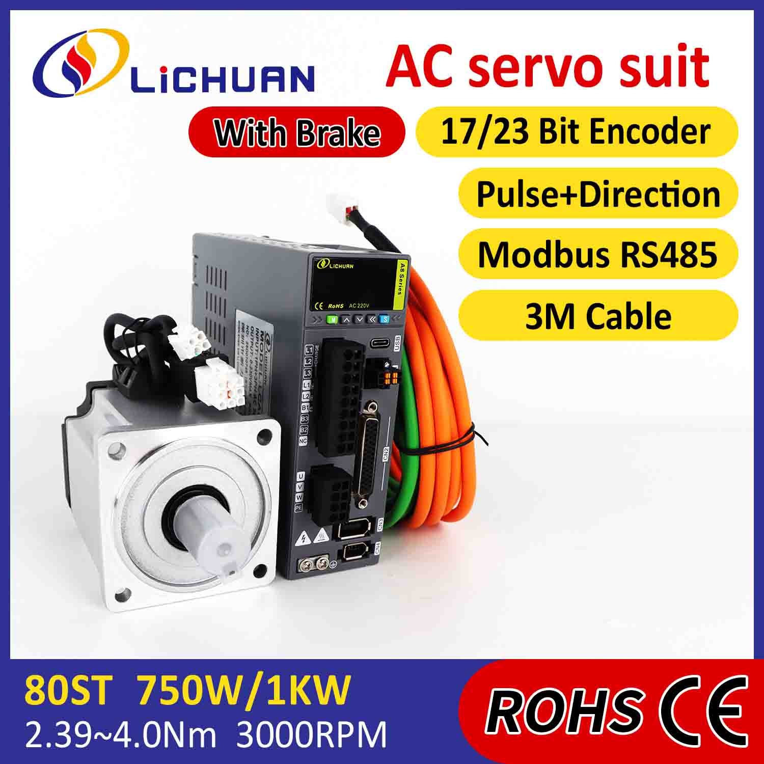 Kit Pemacu Motor Servo AC Lichuan A8 Ketepatan Tinggi STO ABZ 1001W 1KW 4.0N.m 220V 4.6A 2500/3000RPM IP65
