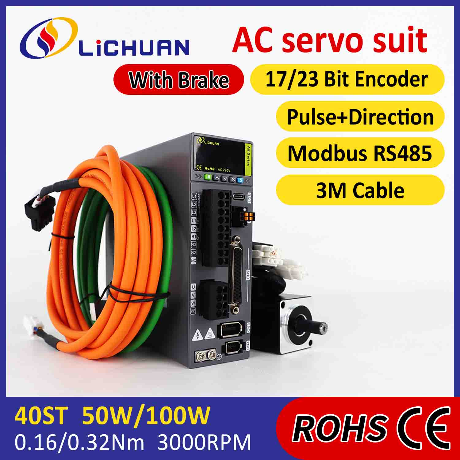 Kit Pemacu Motor Servo AC Lichuan A8 Ketepatan Tinggi STO ABZ 100W 0.32N.m 220V 1.1A 3000RPM IP65