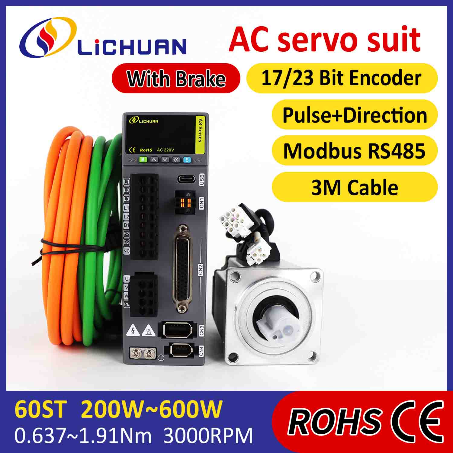 Kit Pemacu Motor Servo AC Lichuan A8 Ketepatan Tinggi STO ABZ 200W 0.637N.m 220V 1.6A 3000RPM IP65