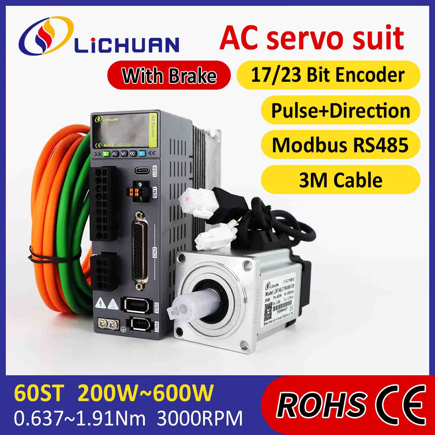 Kit Pemacu Motor Servo AC Lichuan A8 Ketepatan Tinggi STO ABZ 400W 1.27N.m 220V 2.5A 3000RPM IP65