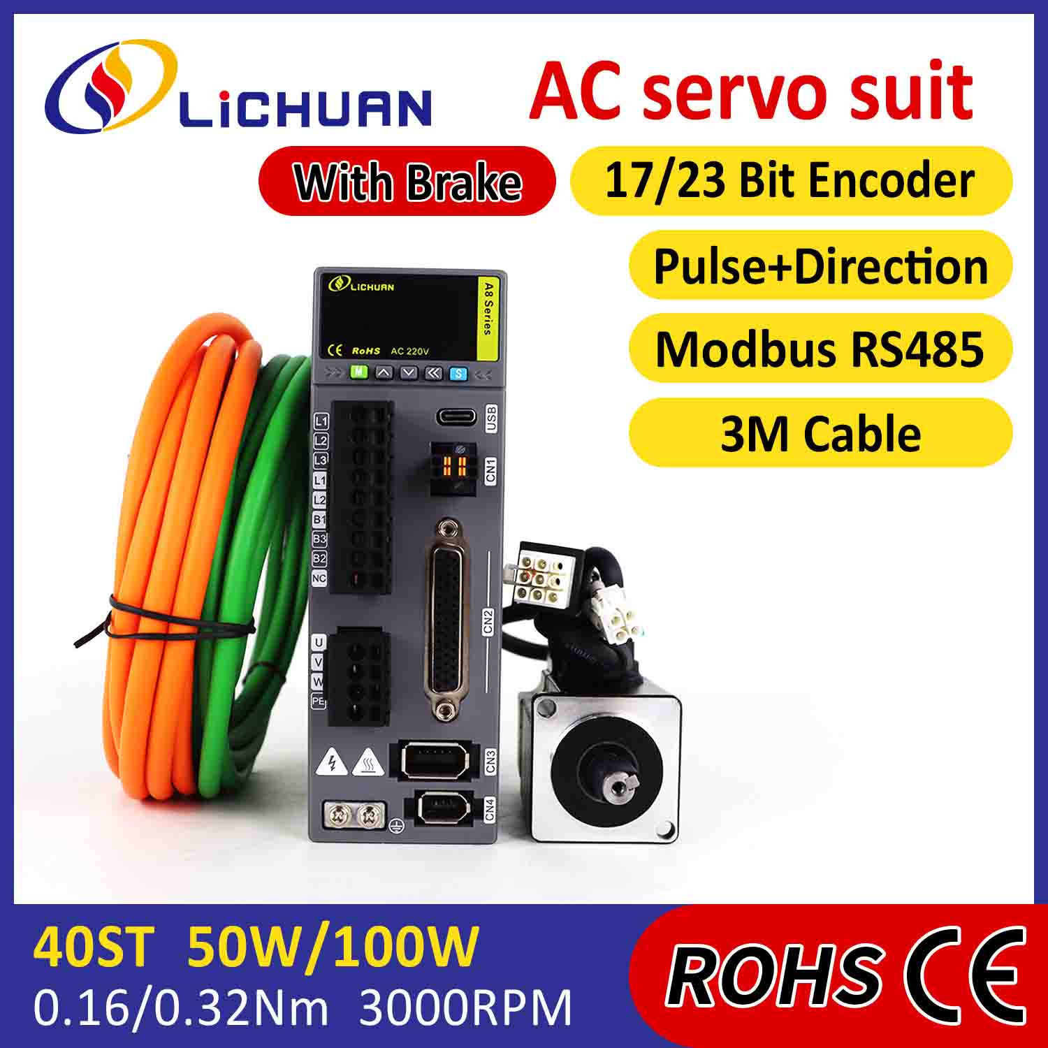 Kit Pemacu Motor Servo AC Lichuan A8 Ketepatan Tinggi STO ABZ 50W 0.16N.m 220V 0.8A 3000RPM IP65