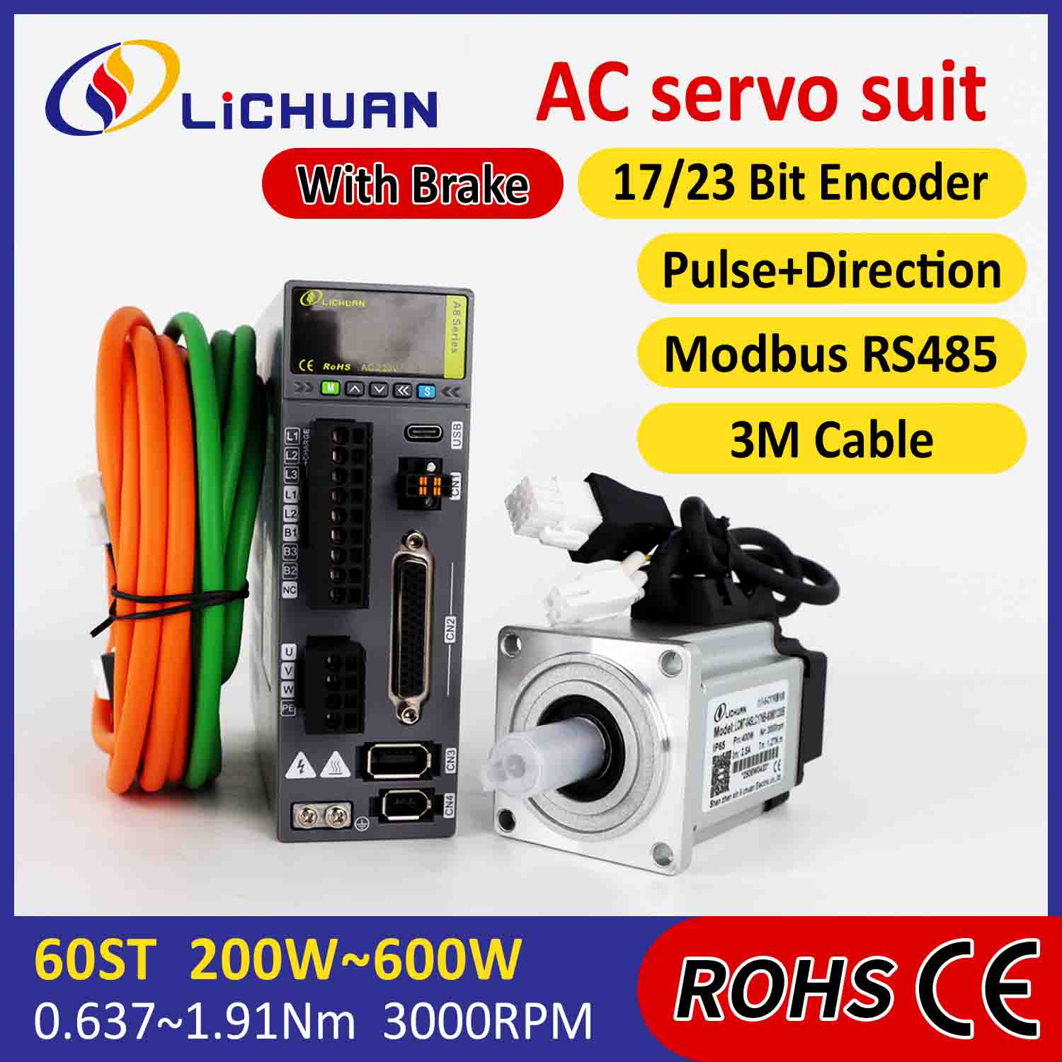 Kit Pemacu Motor Servo AC Lichuan A8 Ketepatan Tinggi STO ABZ 600W 1.91N.m 220V 3.3A 3000RPM IP65