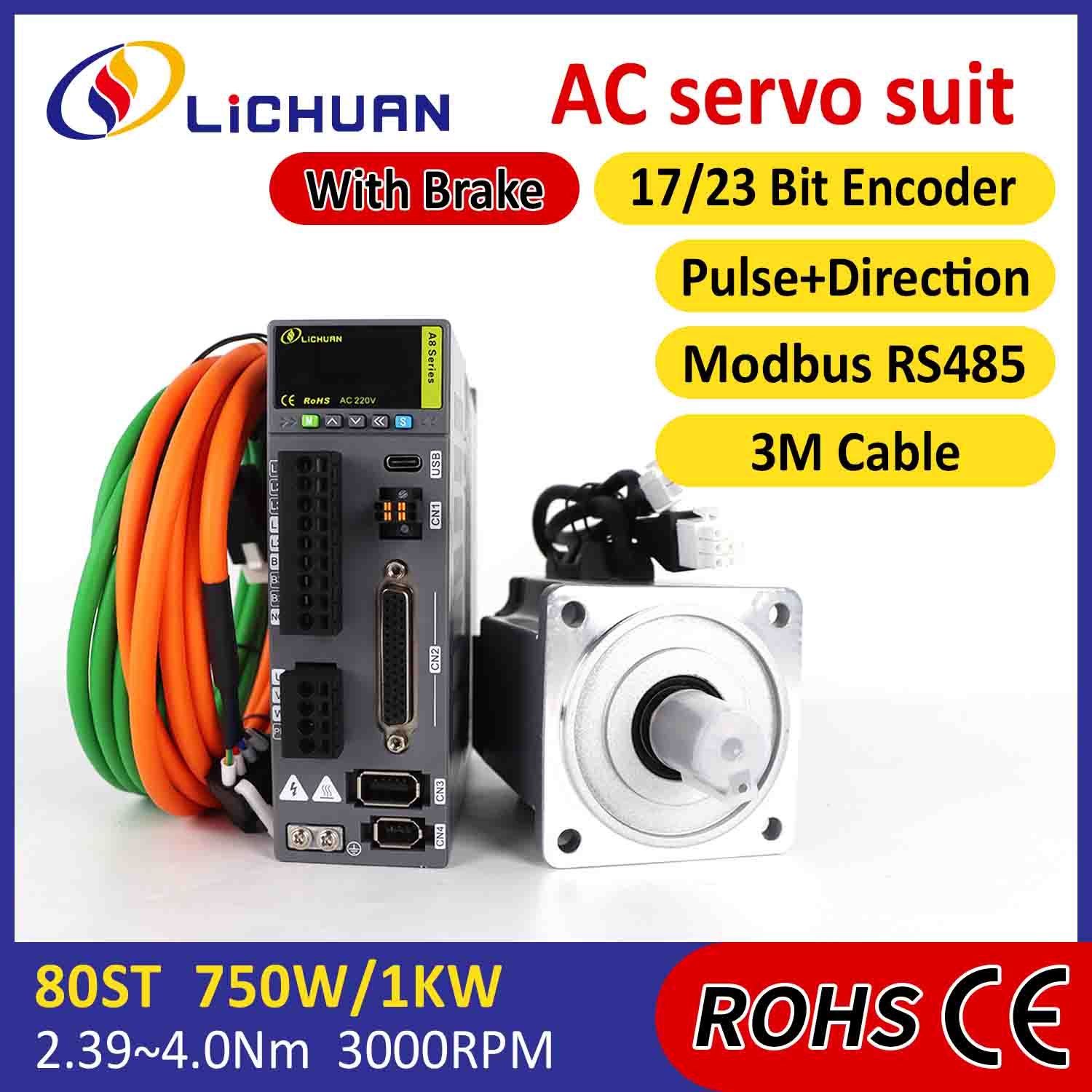 Kit Pemacu Motor Servo AC Lichuan A8 Ketepatan Tinggi STO ABZ 750W 0.75KW 2.39N.m 220V 4.5A 2500/3000RPM IP65