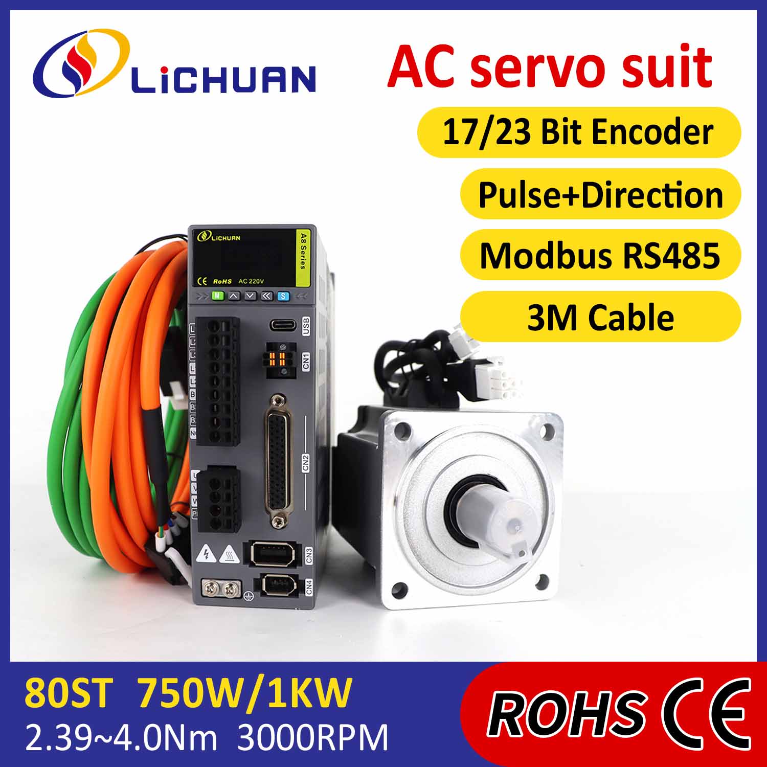 Pulse/RS485 750W/1000W/1001W 2500/3000RPM A8 Ketepatan Tinggi Sto ABZ AC Servo Motor Drivers Kit