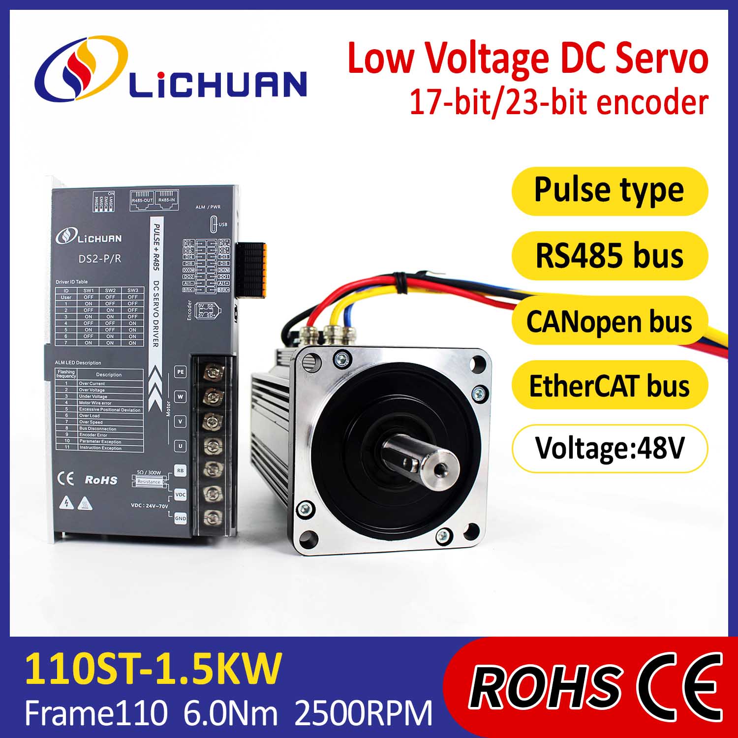 Pulse/Rs485/Canopen/Ethercat 110 Flanged 1.5kW/1500W Voltan Rendah DC Servo Motor Drivers Kit