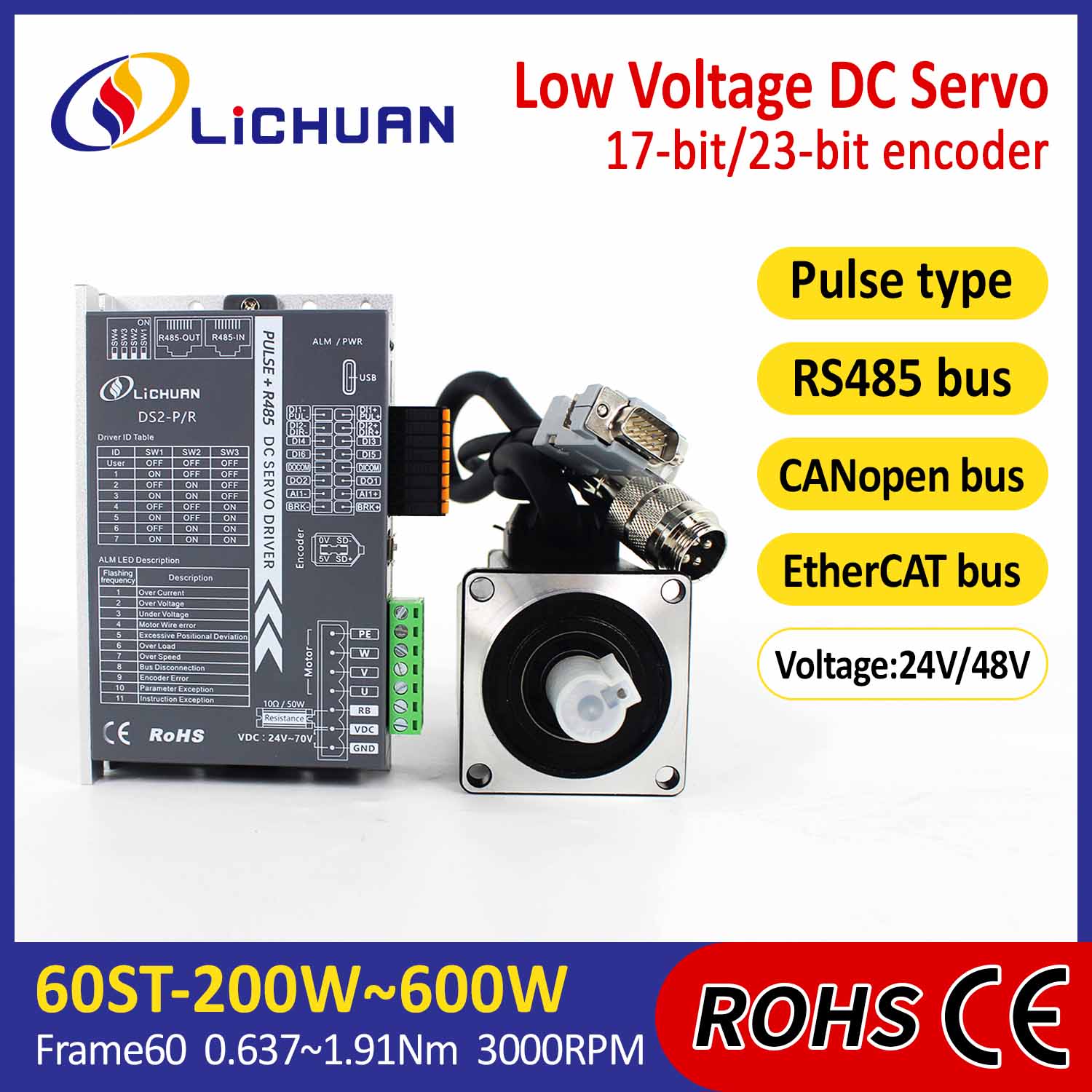 Pulse/Rs485/Canopen/Ethercat 60 Flanged 200W/400W/600W Voltan Rendah DC Servo Driver Kit